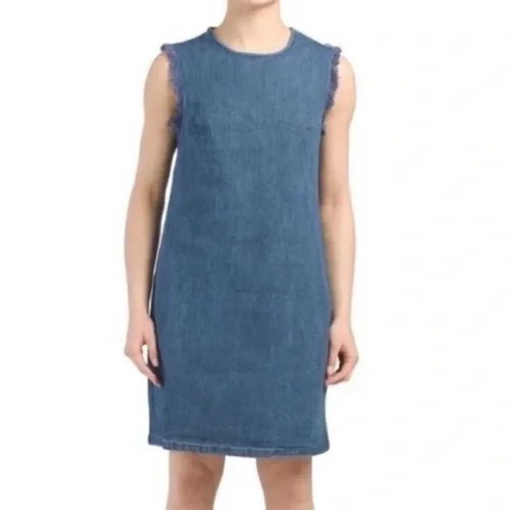 Hope + Harlow Medium Wash Sleeveless Raw Fringe Sleeve Denim Shift Dress Size 2